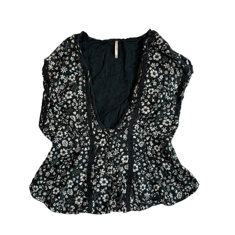 Top Free People Landy Printed Floral Lace Blouse Large